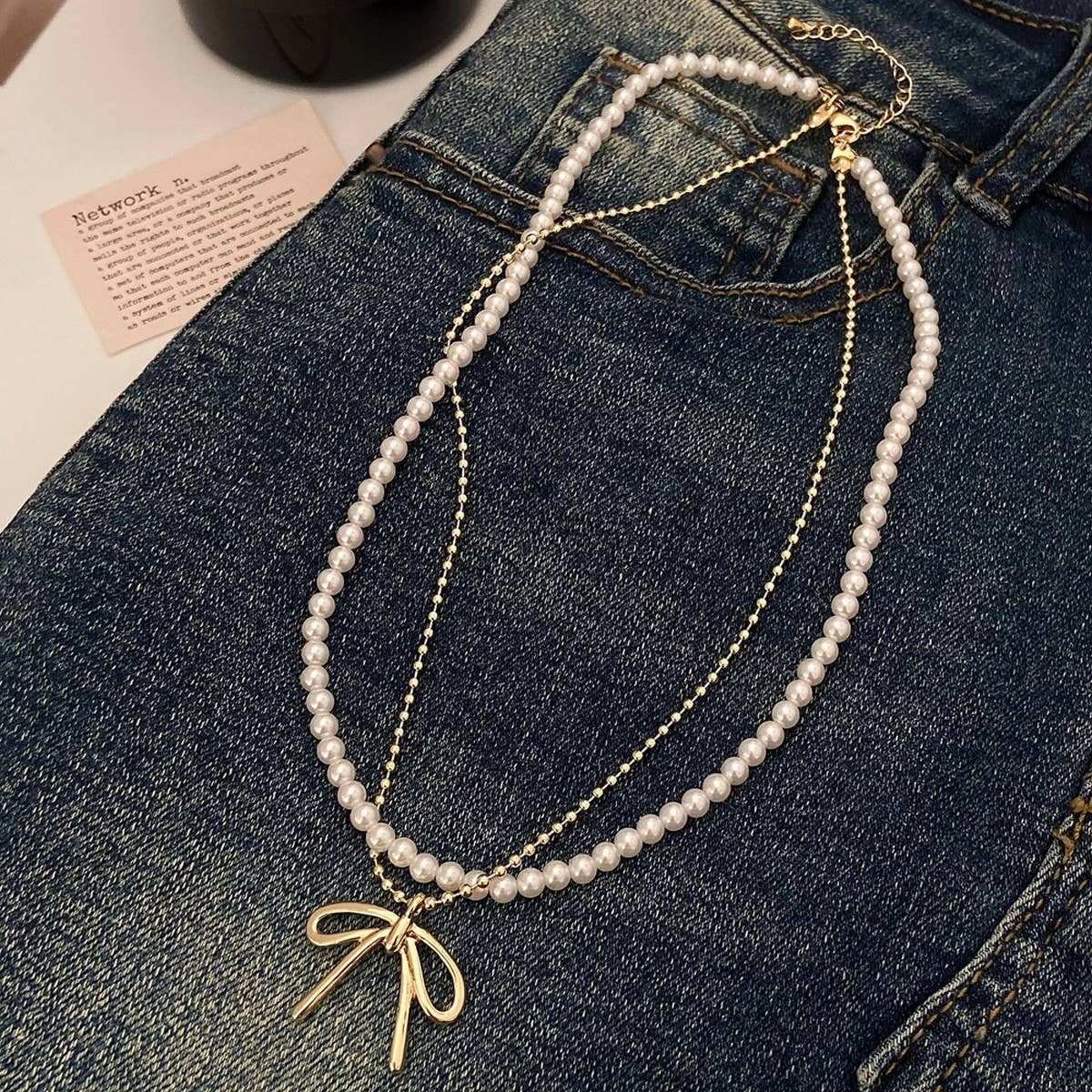 FASHIONABLE TASSEL BOW PEARL DOUBLE LAYER NECKLACE