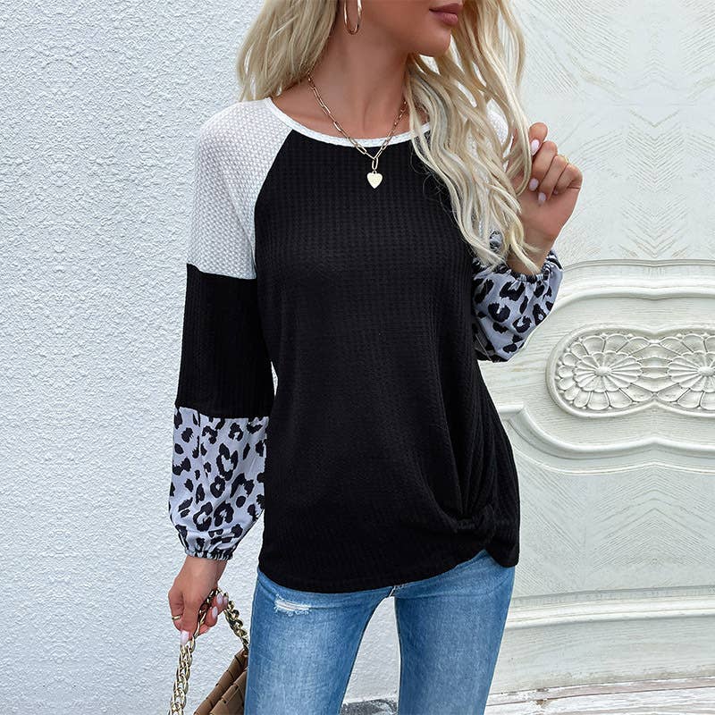 LEOPARD PRINT PATCHWORK LONG SLEEVE COLOR SWEATER