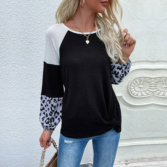 LEOPARD PRINT PATCHWORK LONG SLEEVE COLOR SWEATER