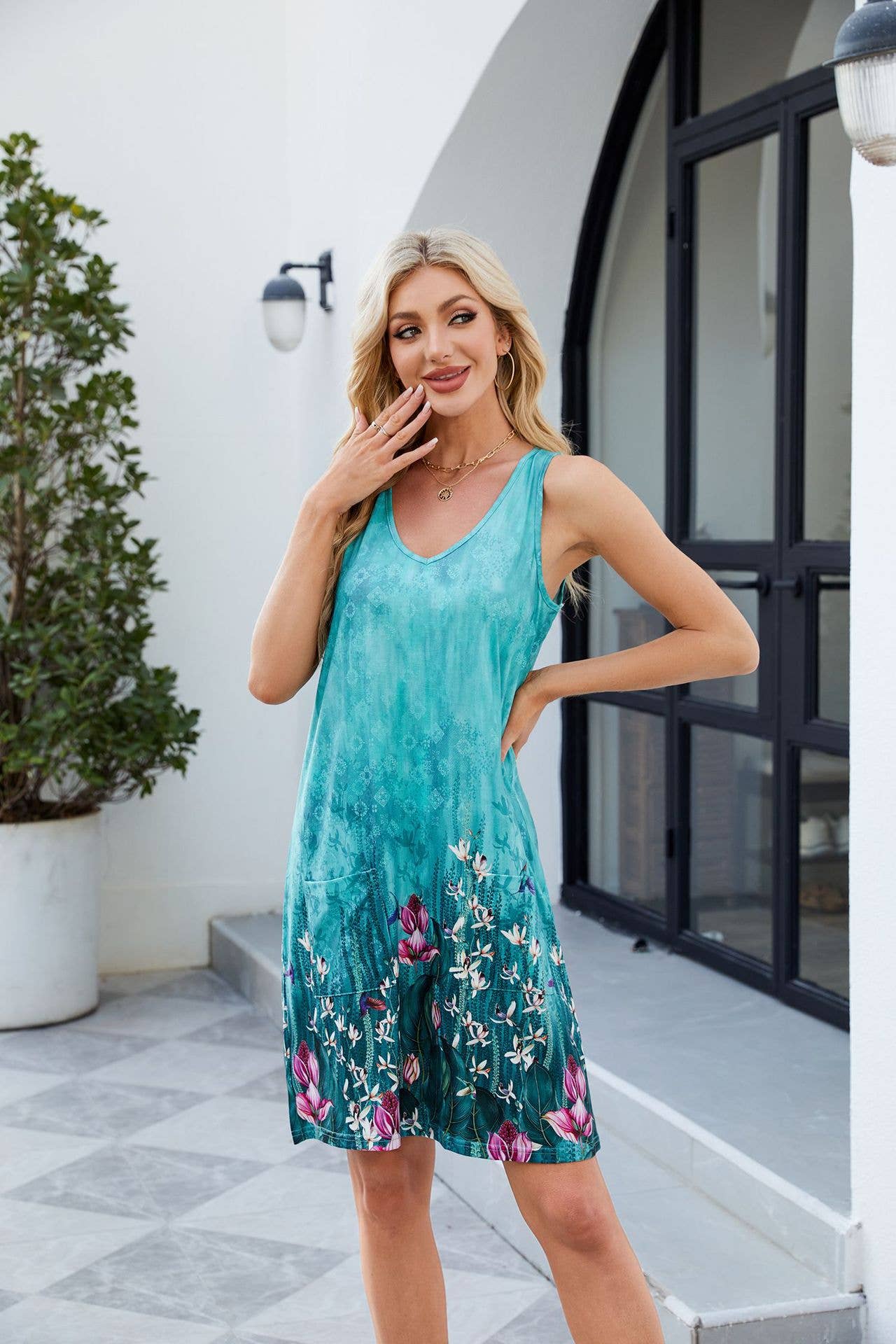 Print halter loose casual short tank dress