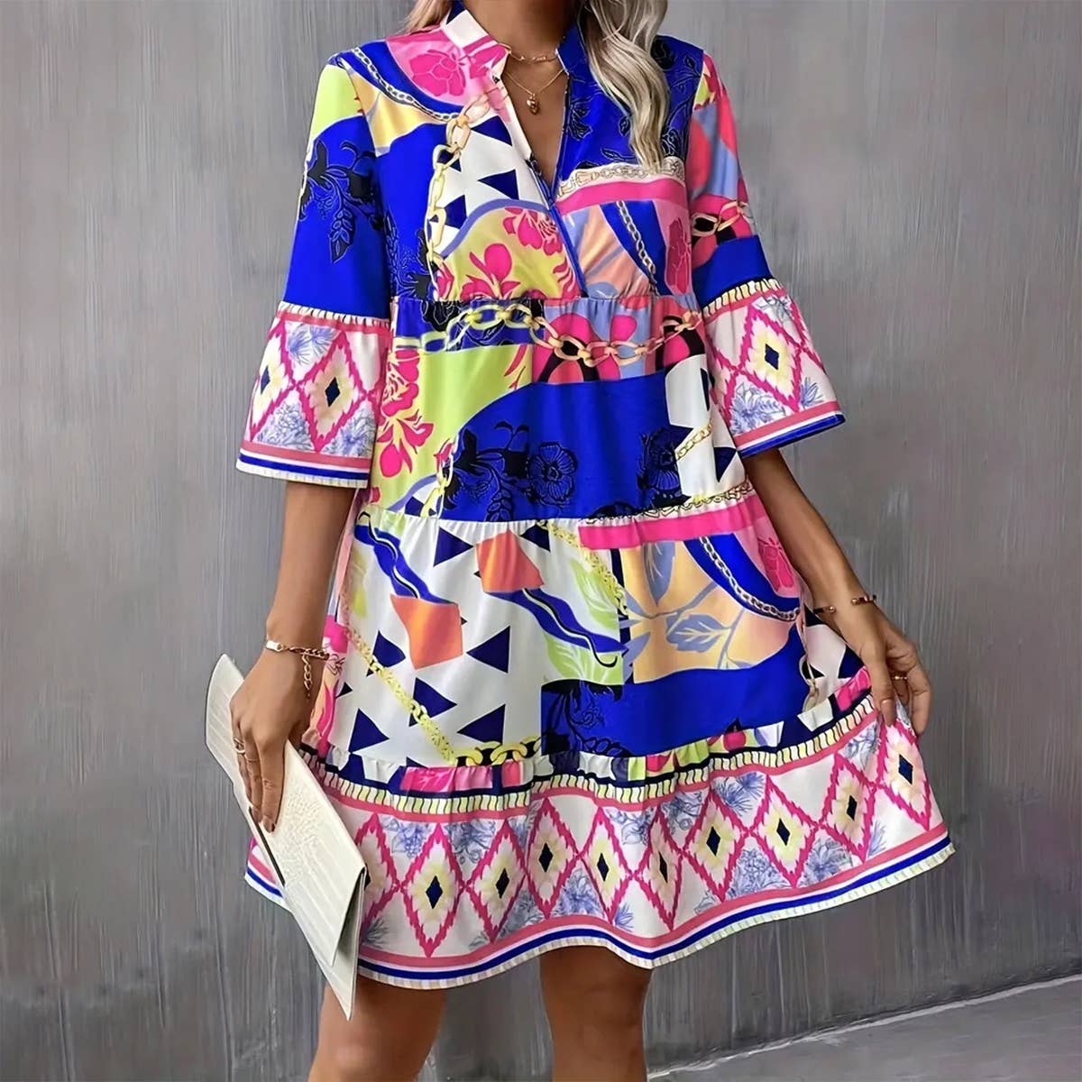 Abstract printed flared sleeve ruffled dress