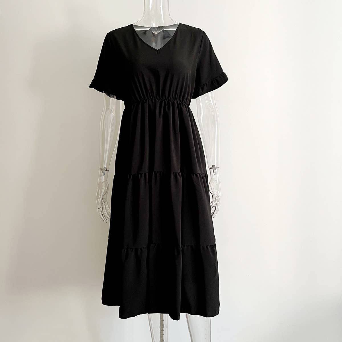 V-NECK TIERED CHIFFON DRESS