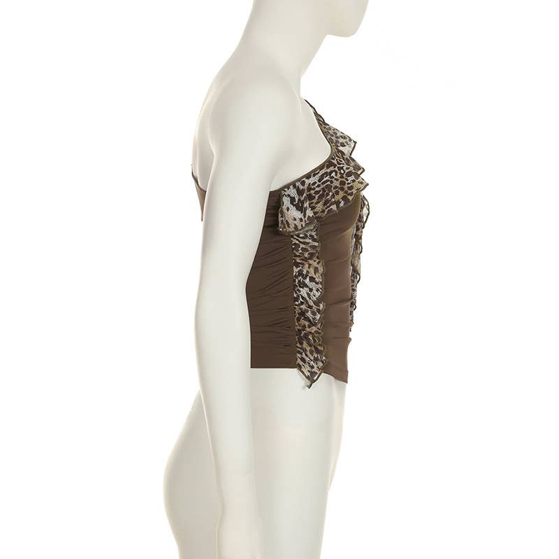 Leopard print spliced wooden ear trim vest
