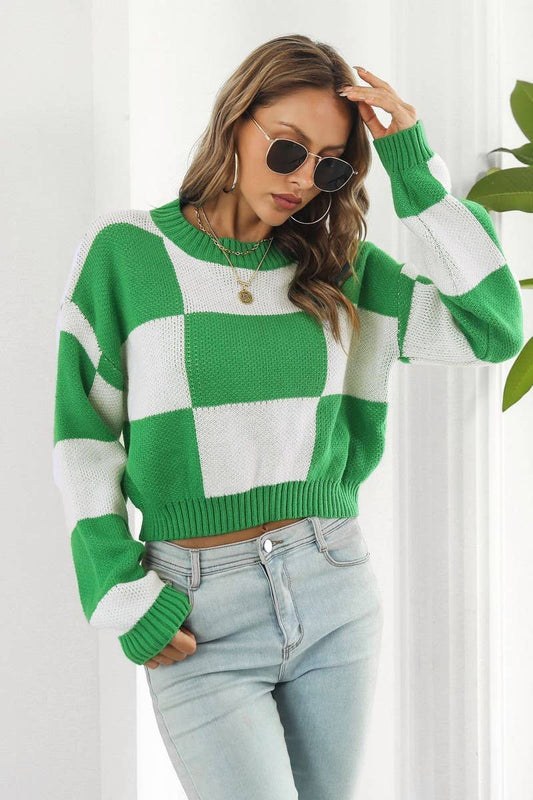 Cwoswl3966_Checkerboard Long-Sleeved Cropped Sweater
