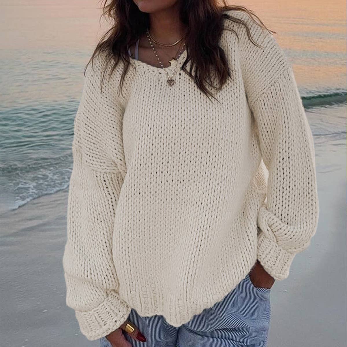 SOLID COLOR SIMPLE LOOSE V-NECK KNIT SWEATER