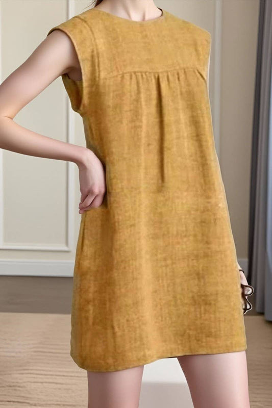 CWDSD10559_LOOSE CASUAL COTTON AND LINEN SOLID COLOR DRESS