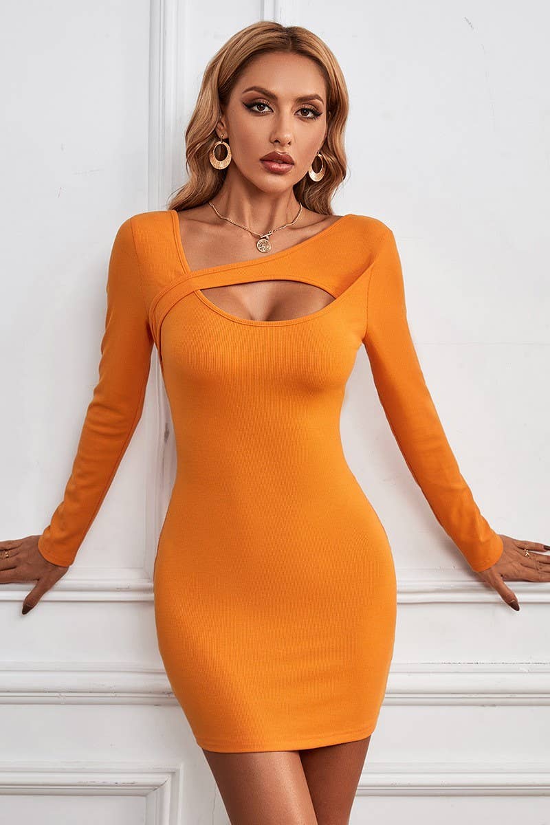 HOLLOW OUT IRREGULAR COLLAR WRAPPED HIP DRESS_CWDSD2730