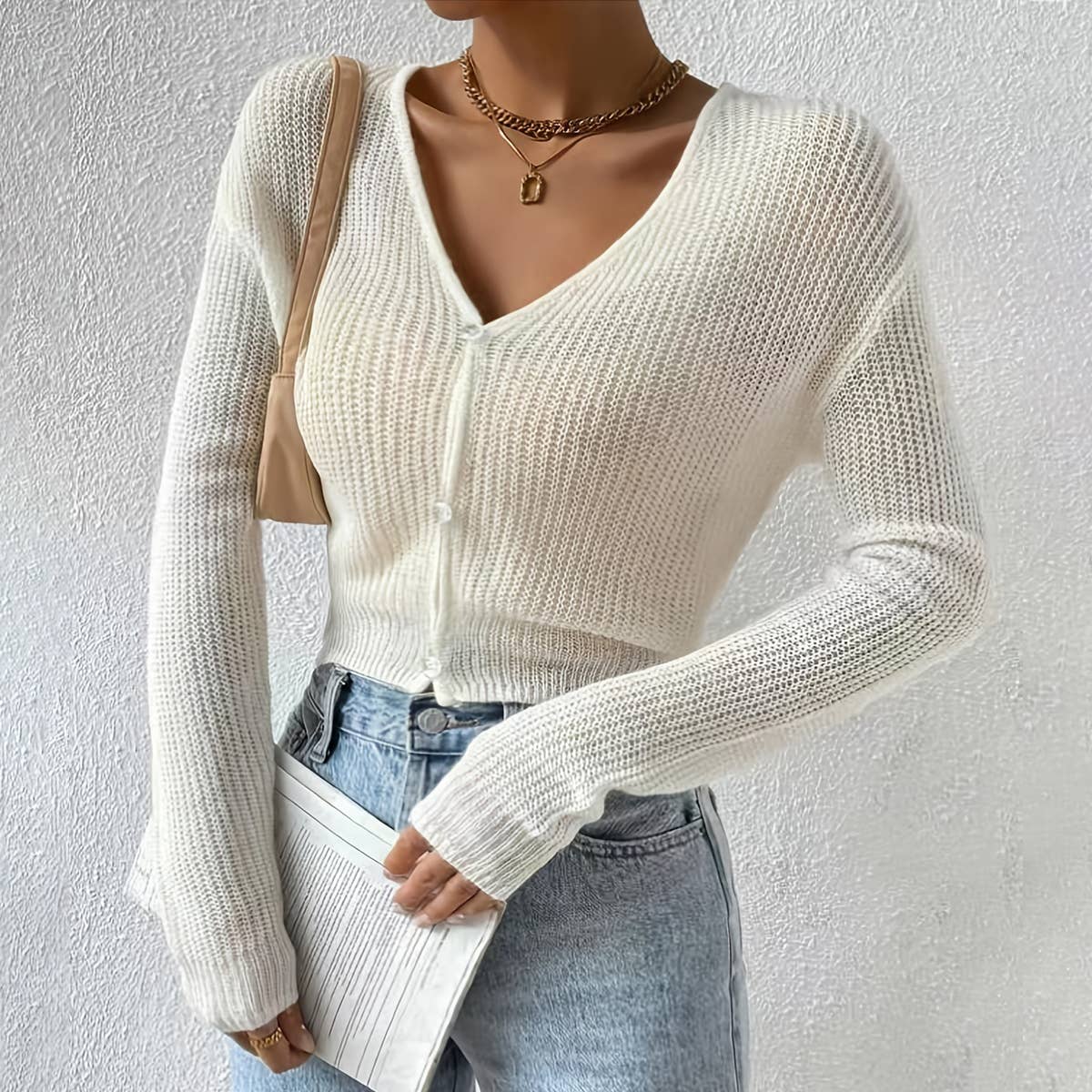 LONG SLEEVE PIT STRIP KNITTED ELASTIC CARDIGAN