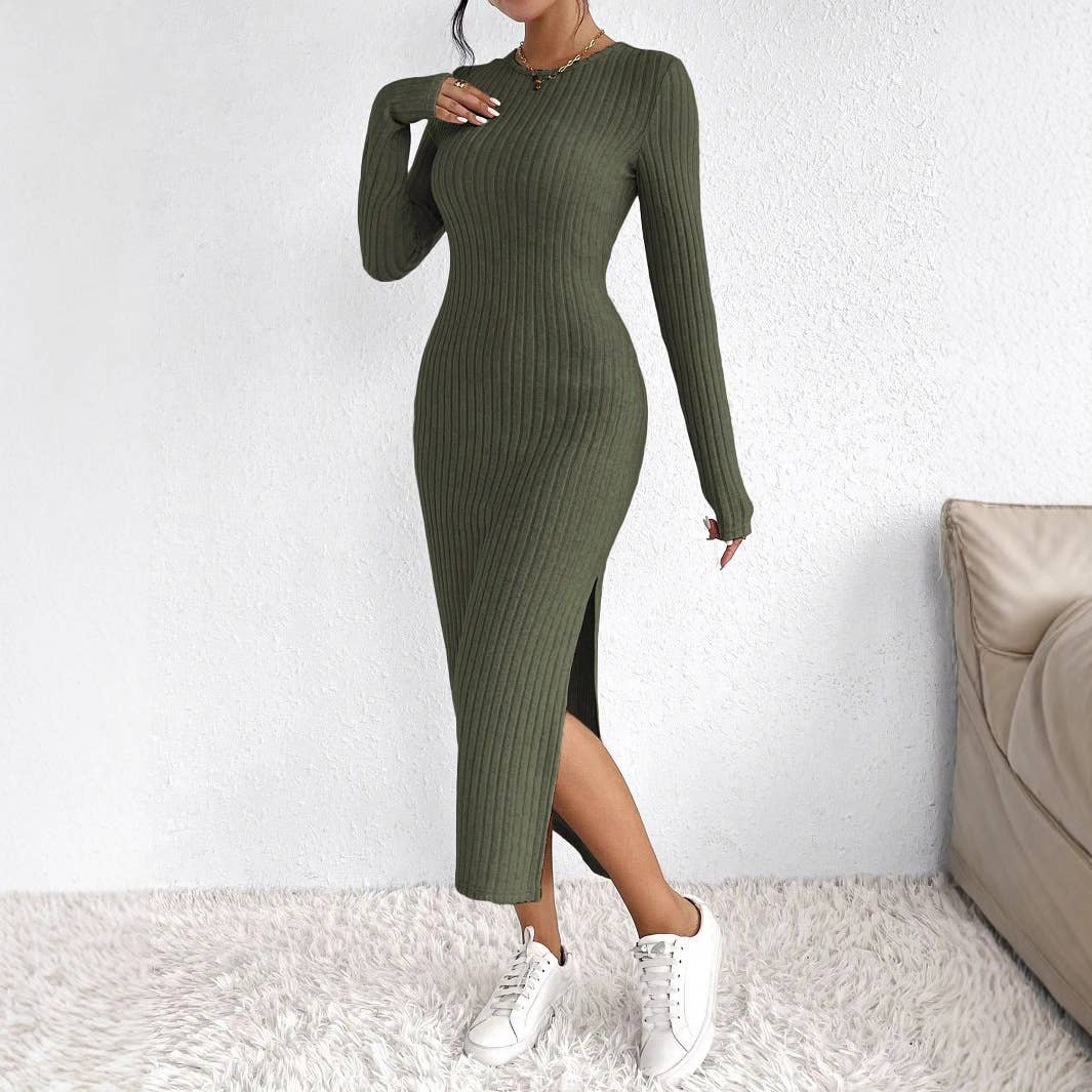 LONG SLIM-FIT KNITTED SLIT LONG-SLEEVED DRESS