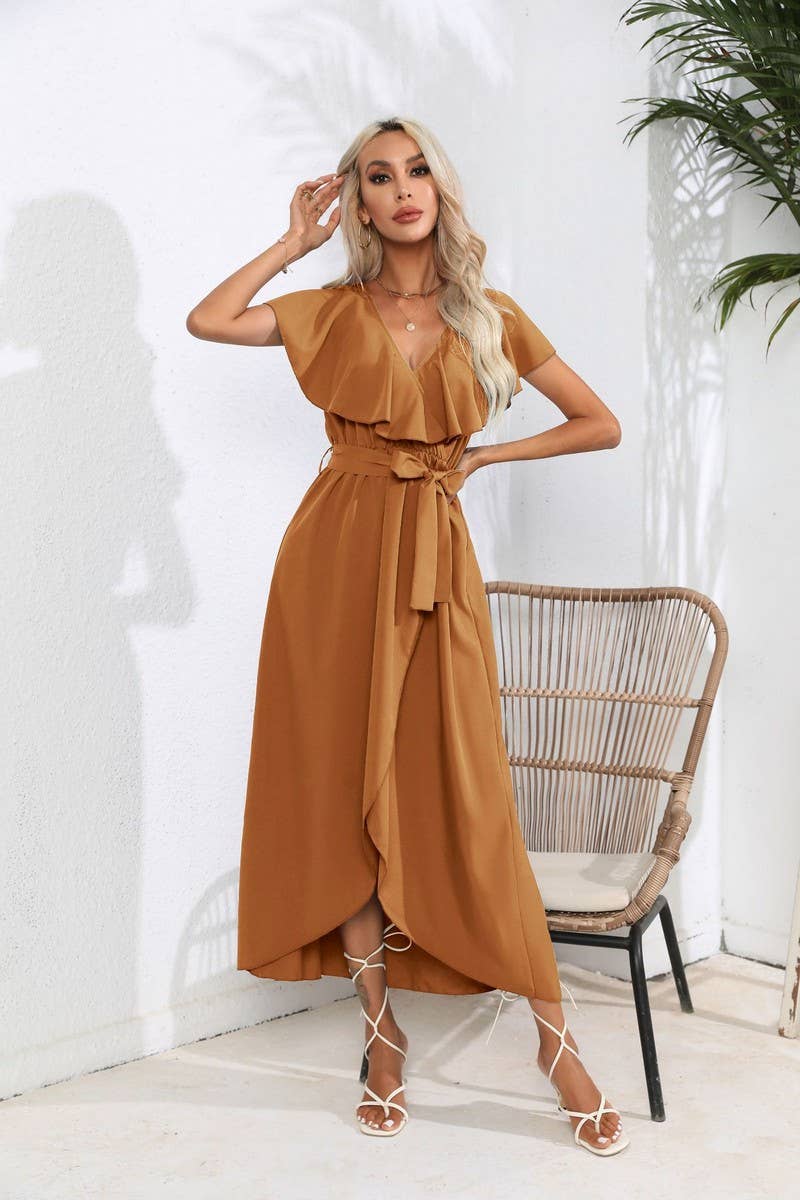 CWDMD1336_V-Neck Short Ruffle Sleeve With Belt Dress