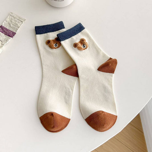 Cute Bear Pattern Cotton Crew Socks for Womens