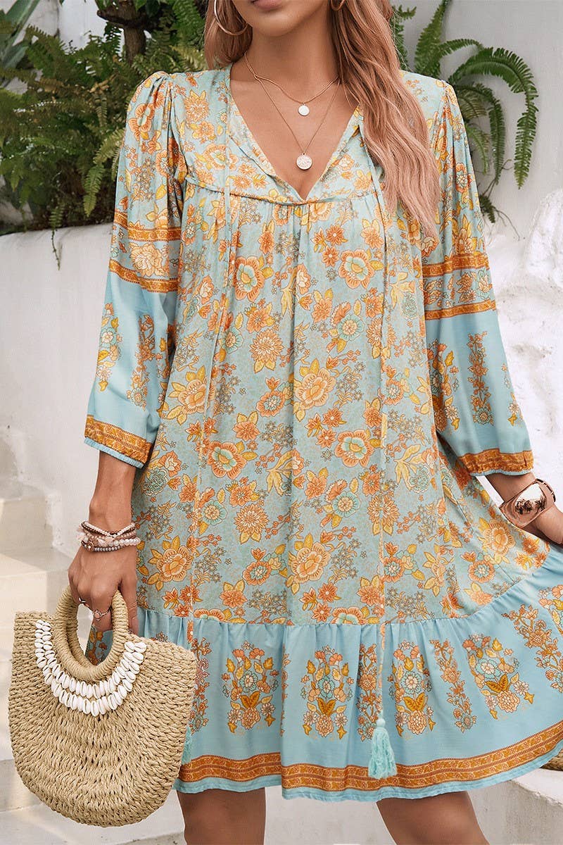 CWDSD8924_SPRING AND SUMMER V-NECK LACE-UP PRINT DRESS