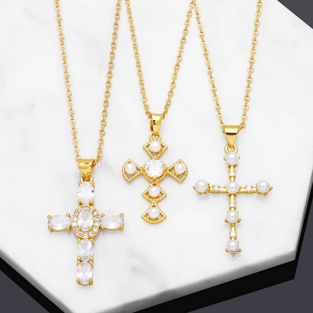 DIAMOND STUDDED PEARL CROSS PENDANT NECKLACE