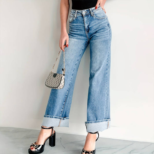 Straight-leg, wide-leg, rolleable denim trousers