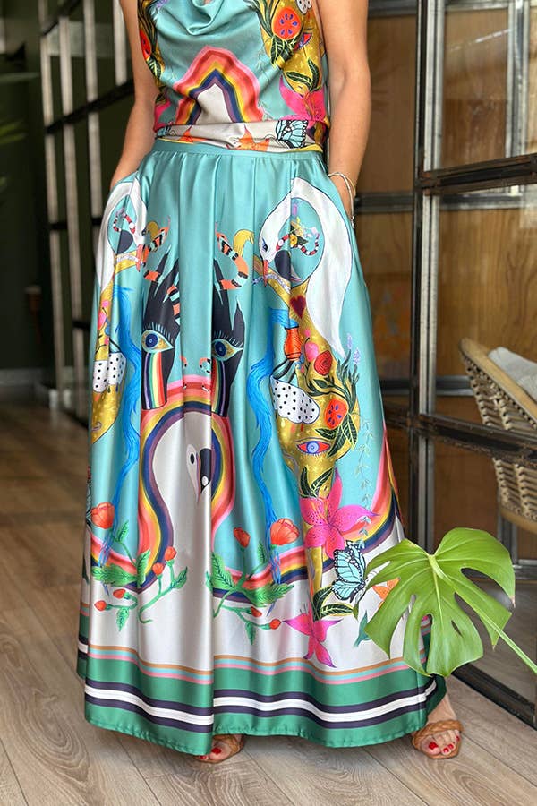 SLEEVELESS HOLIDAY PRINT BACKLESS LONG DRESS