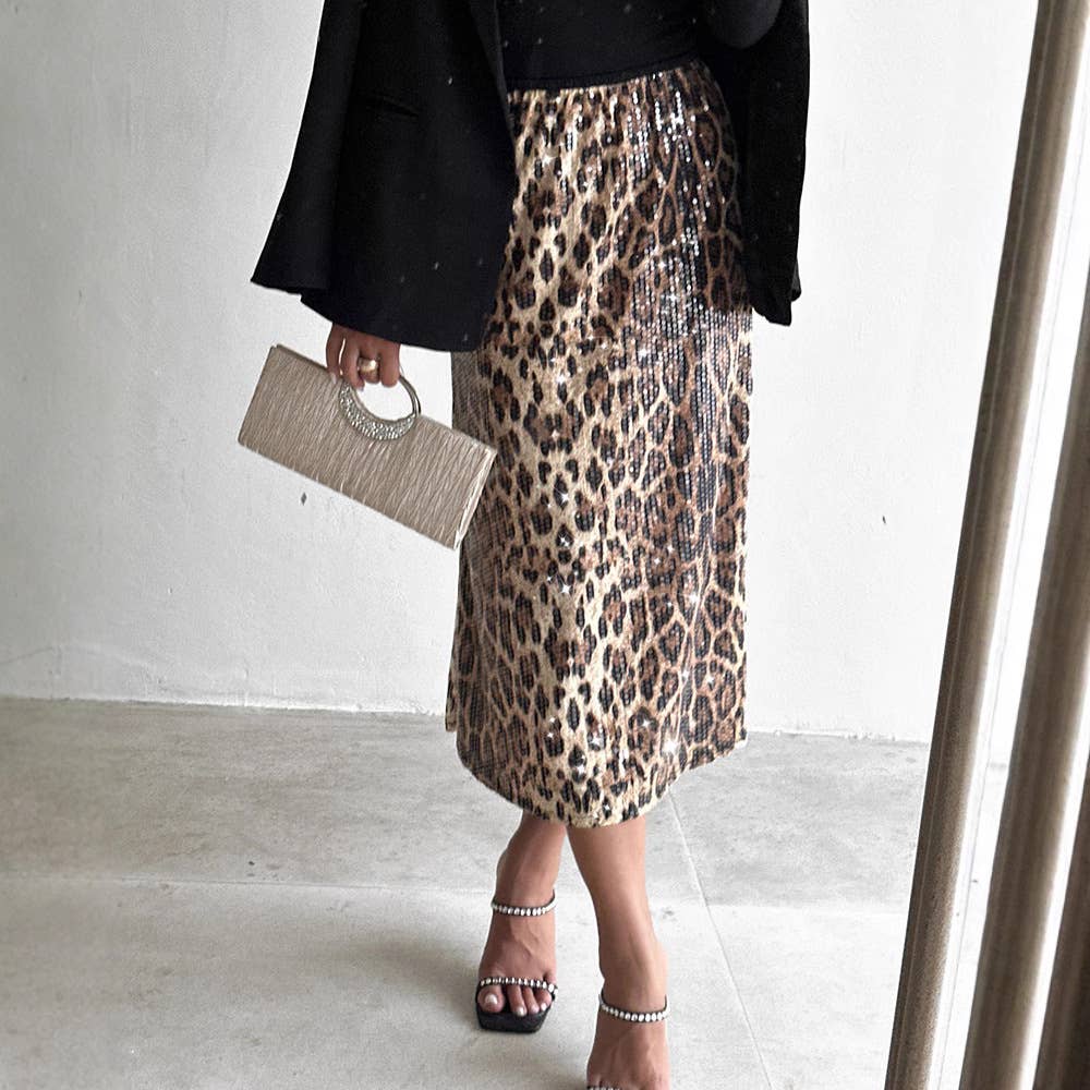 BEAD LEOPARD PRINT LONG FASHION CASUAL SKIRT