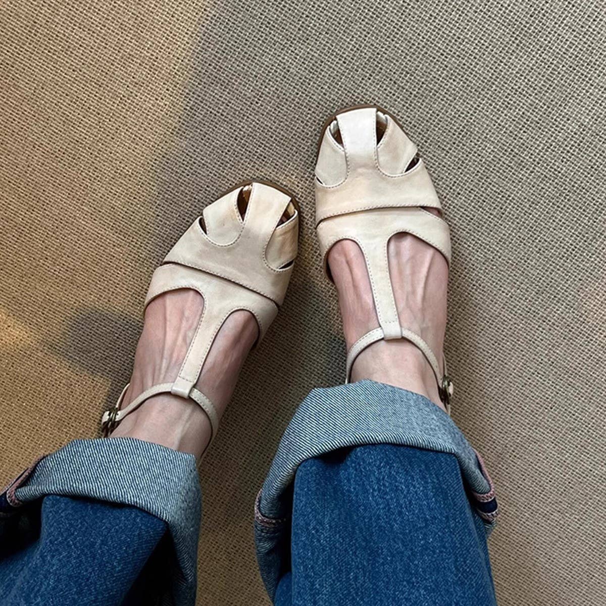 Vintage Leather Open Toe Chunky Heel Sandals