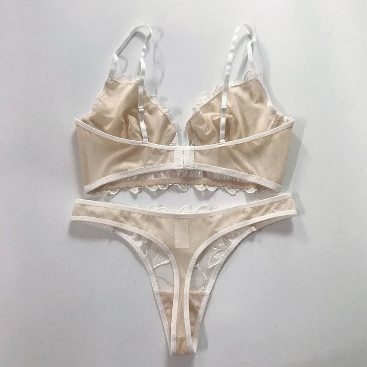 FLOWER EMBROIDERED MESH BREATHABLE LINGERIE SET