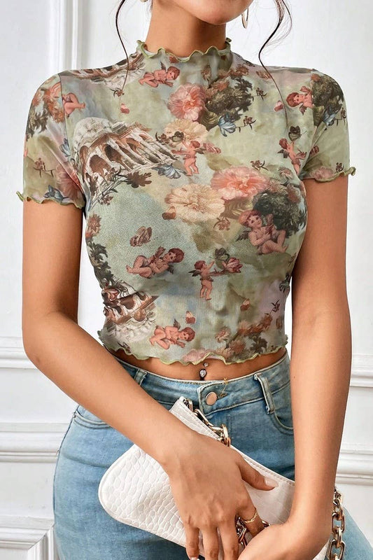 Cwtbls1534_Mesh Printed Ruffled Short Sleeve T-Shirt Top