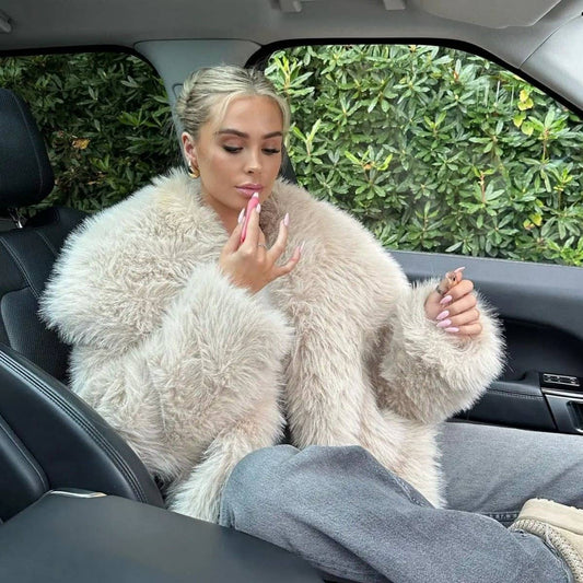 Faux Fox Fur Short Coat with Large Lapel