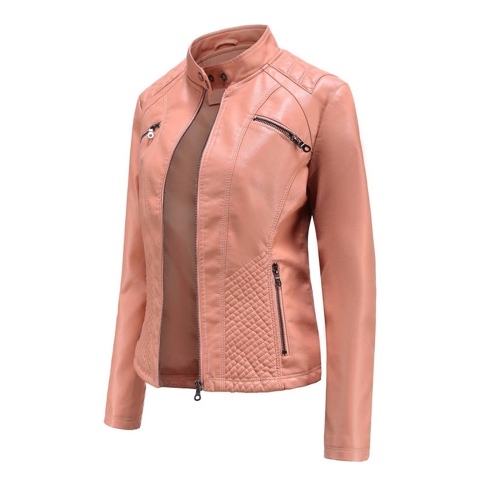 Women's leather stand-up collar jacket