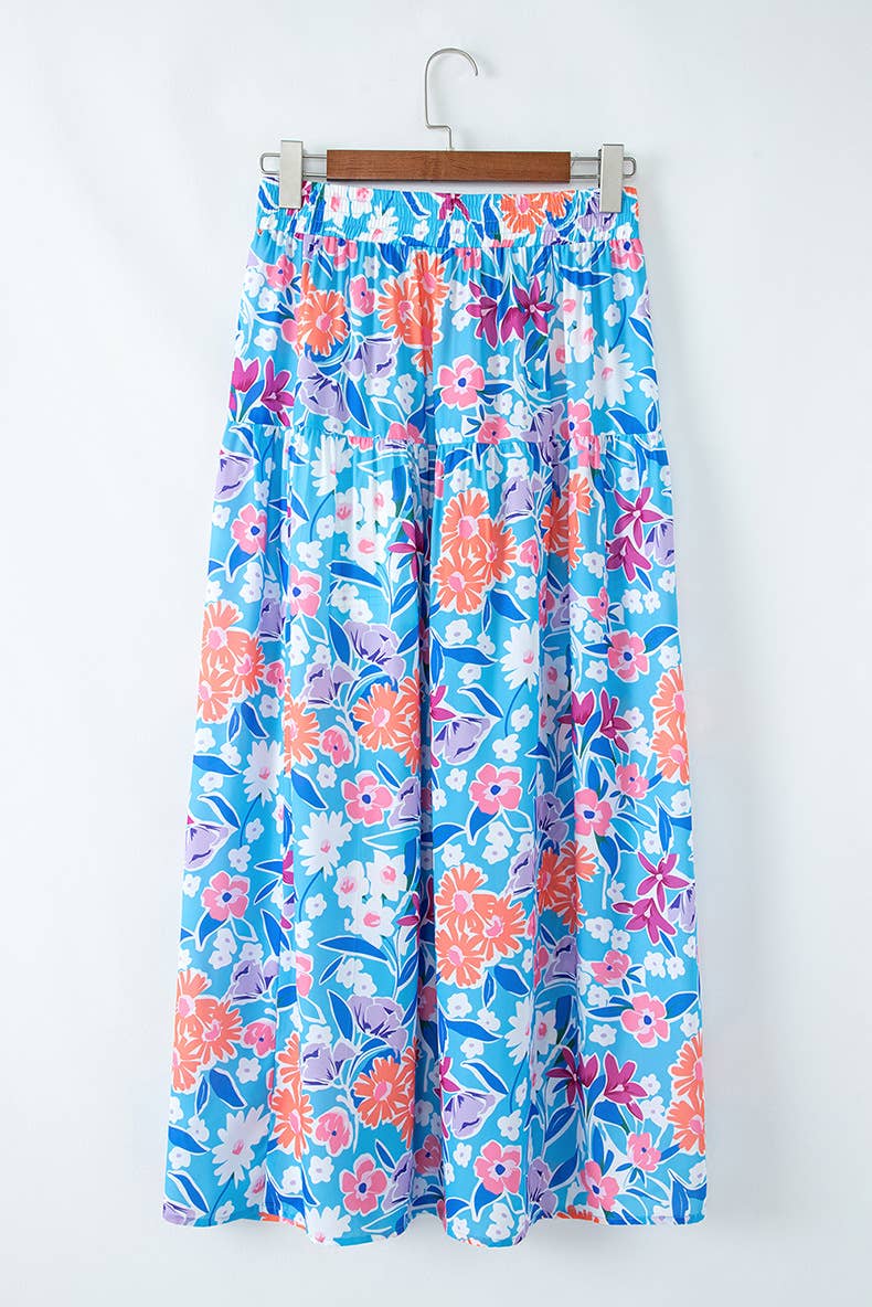 Holiday floral print fashion side slit long skirt