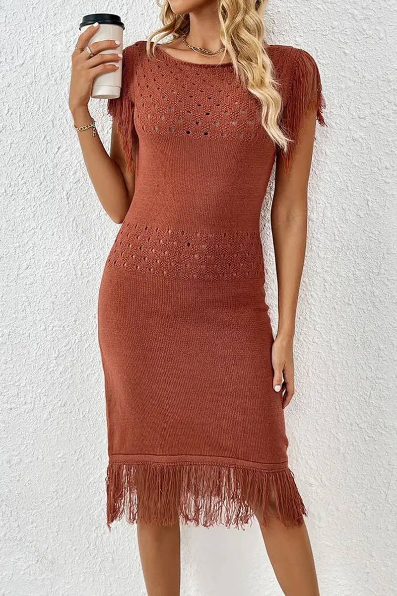 CWDMD4847_SPRING AND SUMMER FASHION TASSEL KNITTED DRESS