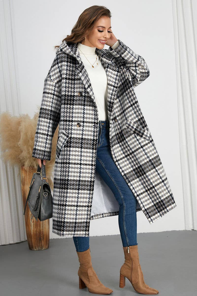 CWOCO0942_DOUBLE-BREASTED PLAID LAPEL LONG HOODED COAT