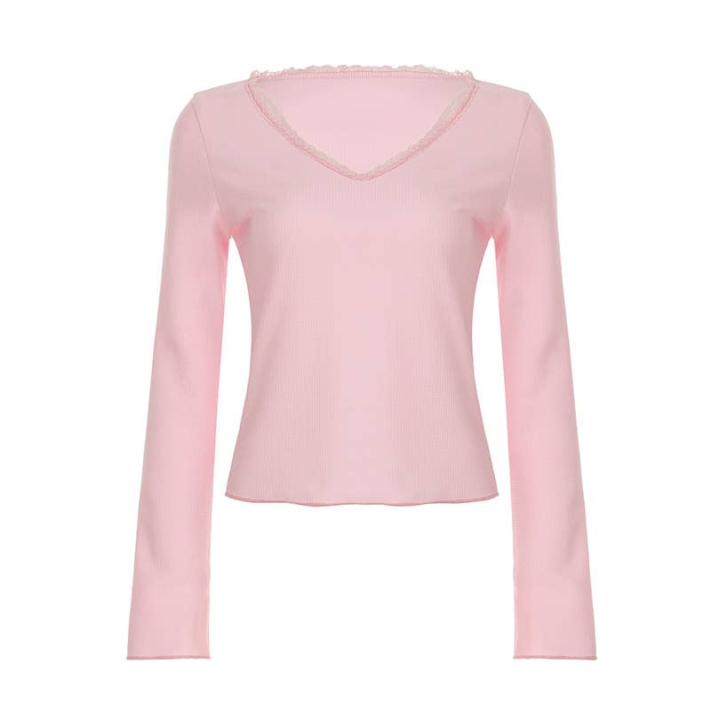 SLIM SEXY LONG SLEEVE SOLID COLOR V-NECK BASE