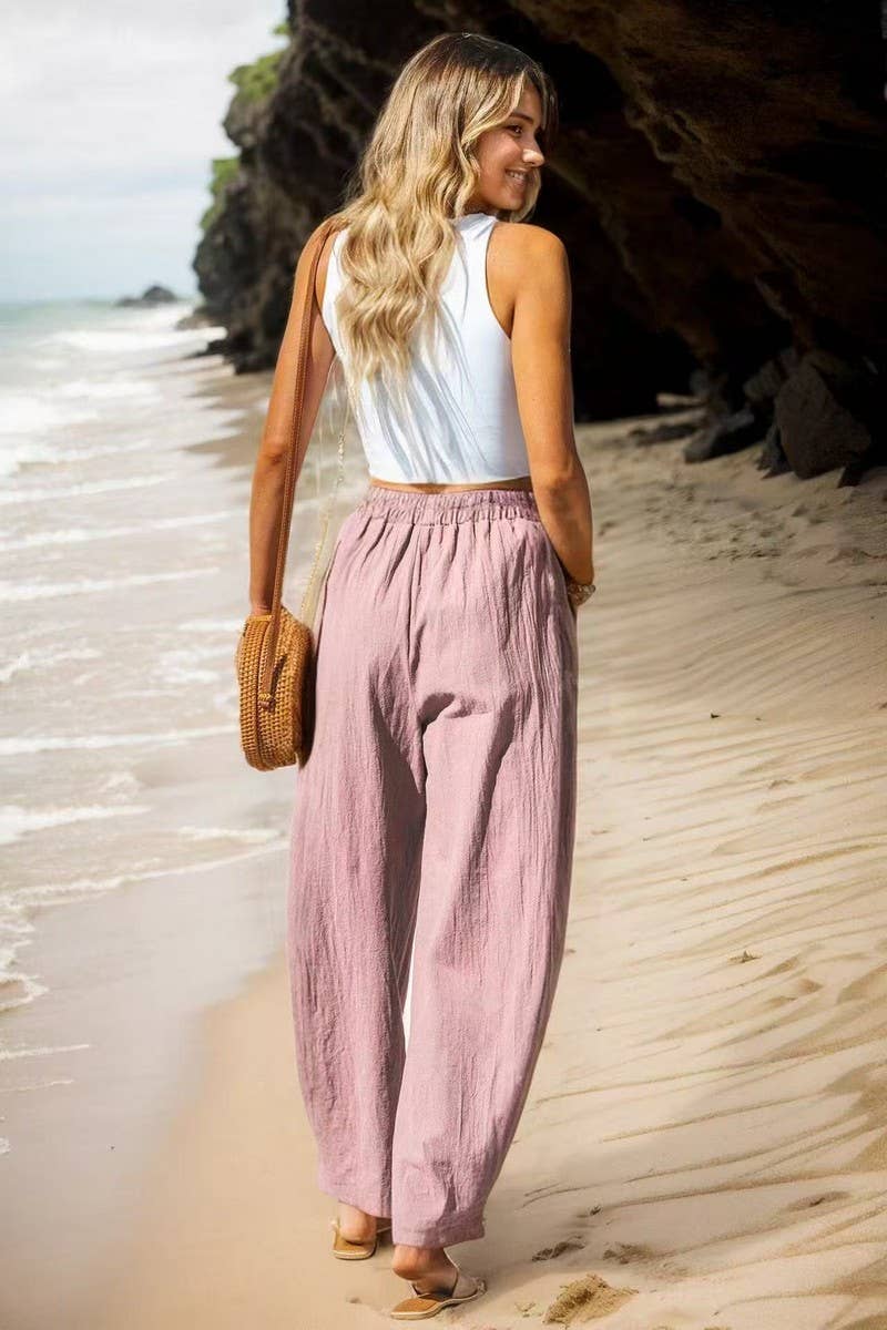 CWBLP01074_2025 WOMEN LINEN COTTON CASUAL PANTS ELASTIC WAIS