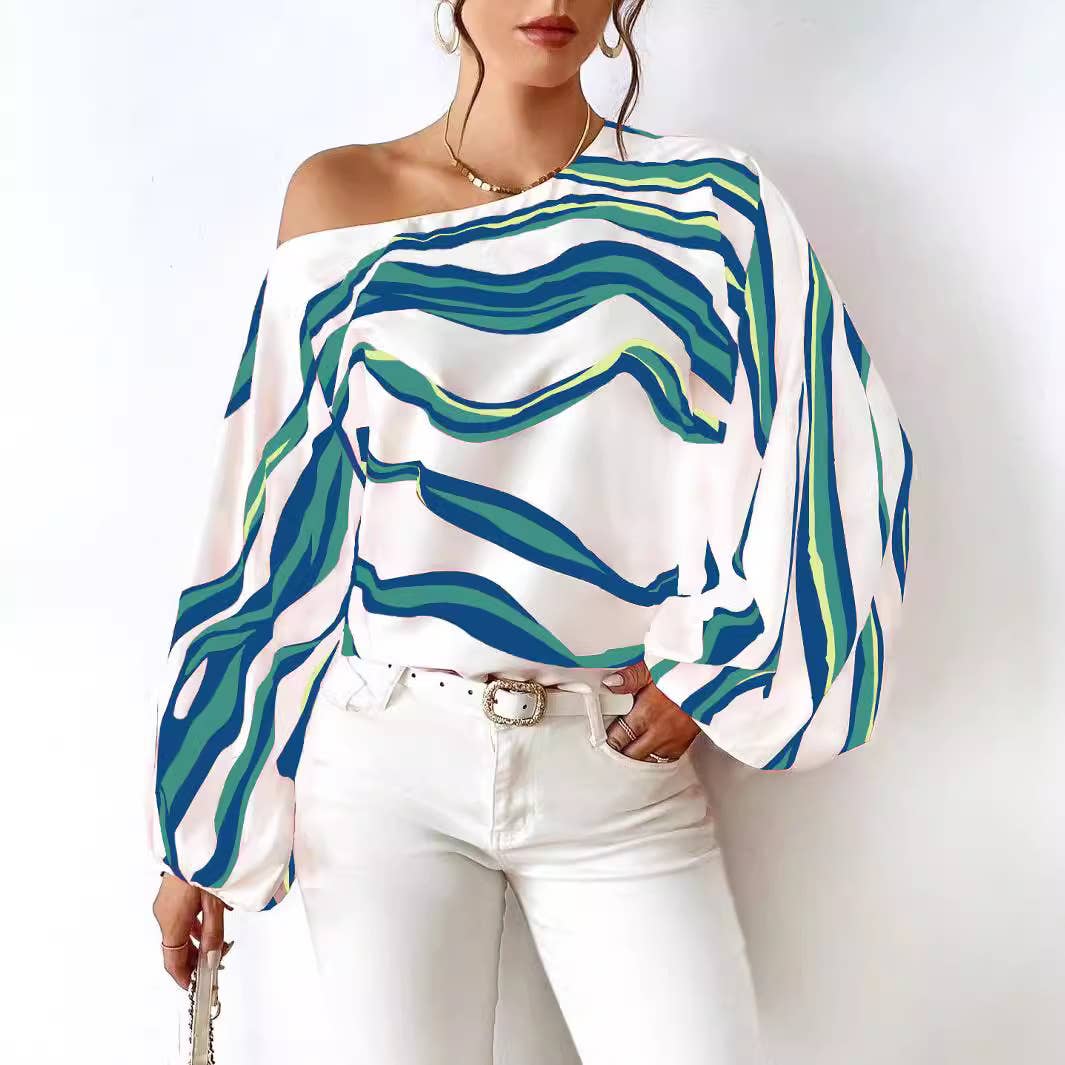 TEMPERAMENT OFF-THE-SHOULDER PRINT COLLAR SHIRT