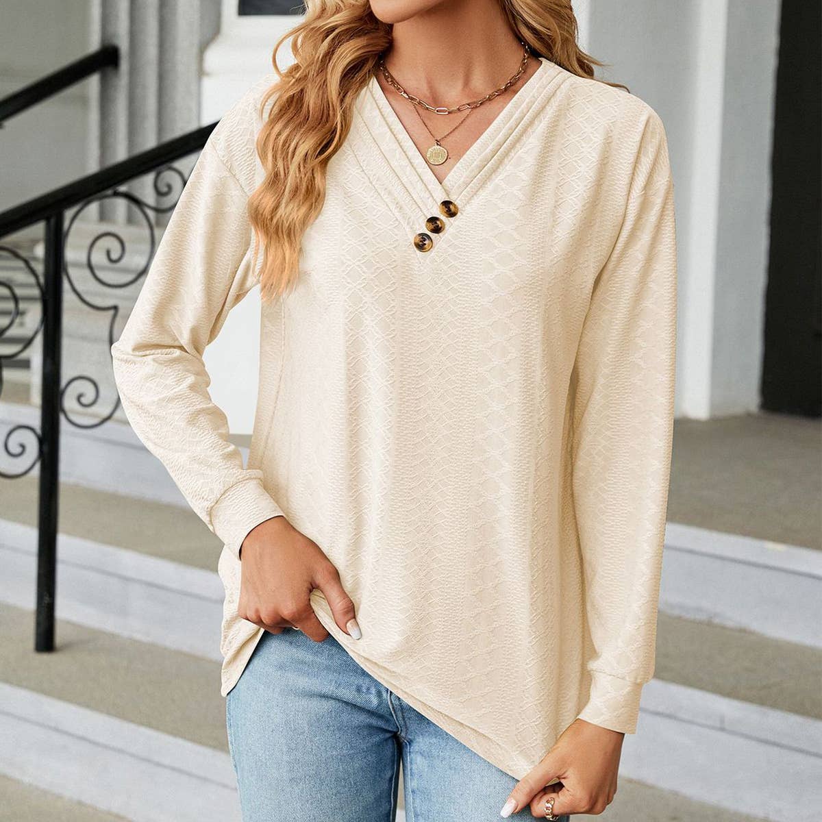 SOLID COLOR V-NECK BUTTON LONG-SLEEVED T-SHIRT
