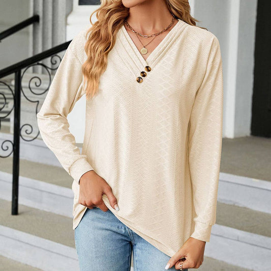 SOLID COLOR V-NECK BUTTON LONG-SLEEVED T-SHIRT