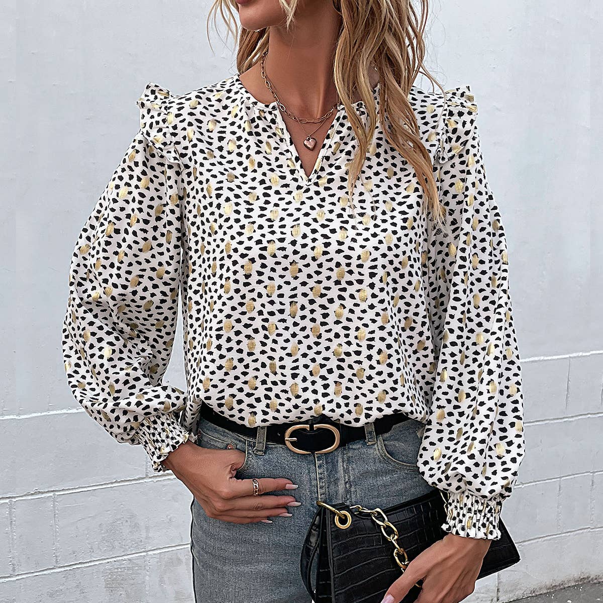 WOMEN LONG SLEEVE V-NECK POLKA DOT RUFFLED SHIRT