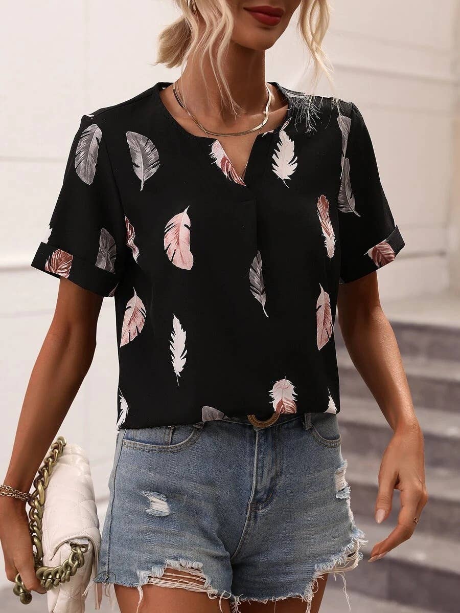 V-NECK FEATHER PRINT SHORT-SLEEVED LOOSE T-SHIRT