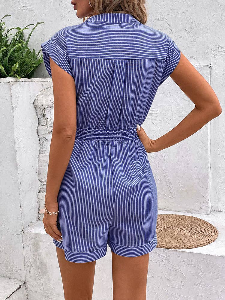 PINSTRIPE LACE-UP SHORT-SLEEVED JUMPSUIT