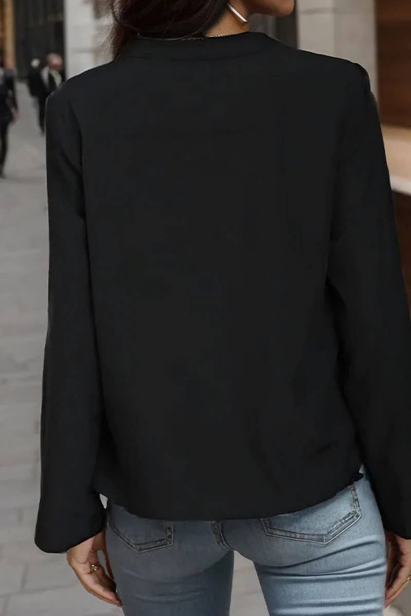 V NECK ZIPPERED SOLID COLOR LONG SLEEVE SHIRT_CWTSTL1131