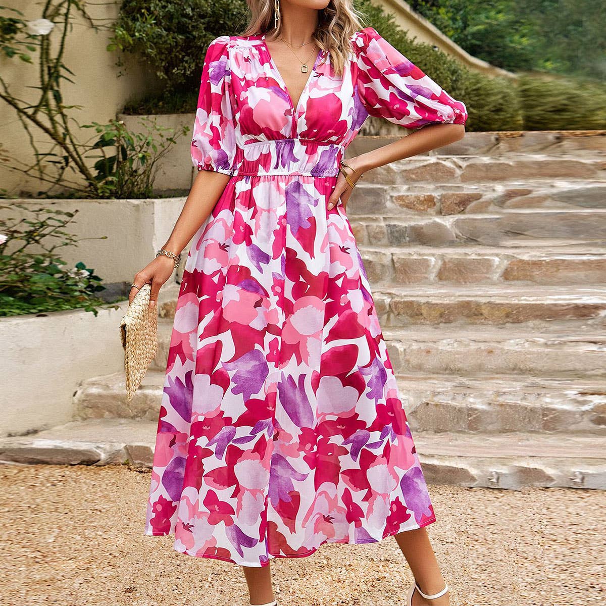 Elegant Waist-Cinched Asymmetrical Floral Dress