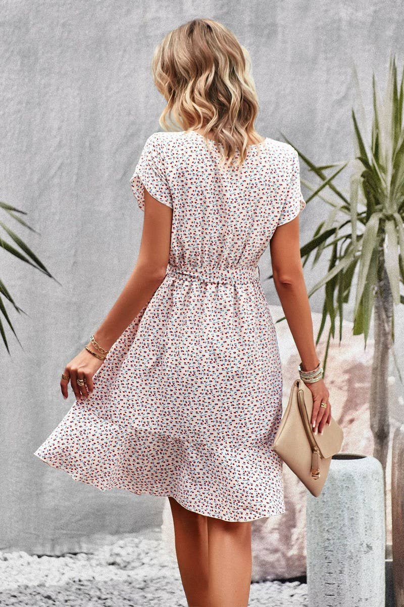 CWDSD2342_Round Neck Short Sleeve Tiered Waist Midi Dress