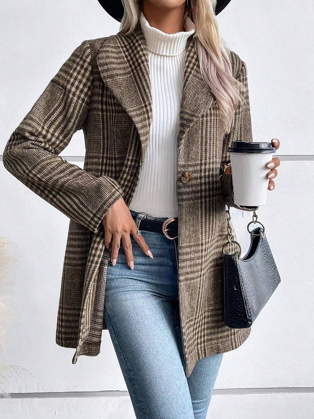 LAPEL WOOL PLAID COAT SLIM TEMPERAMENT COAT