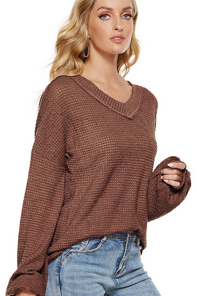 STYLISH LOOSE V NECK LANTERN SLEEVE KNITWEAR_CWOSWL2065