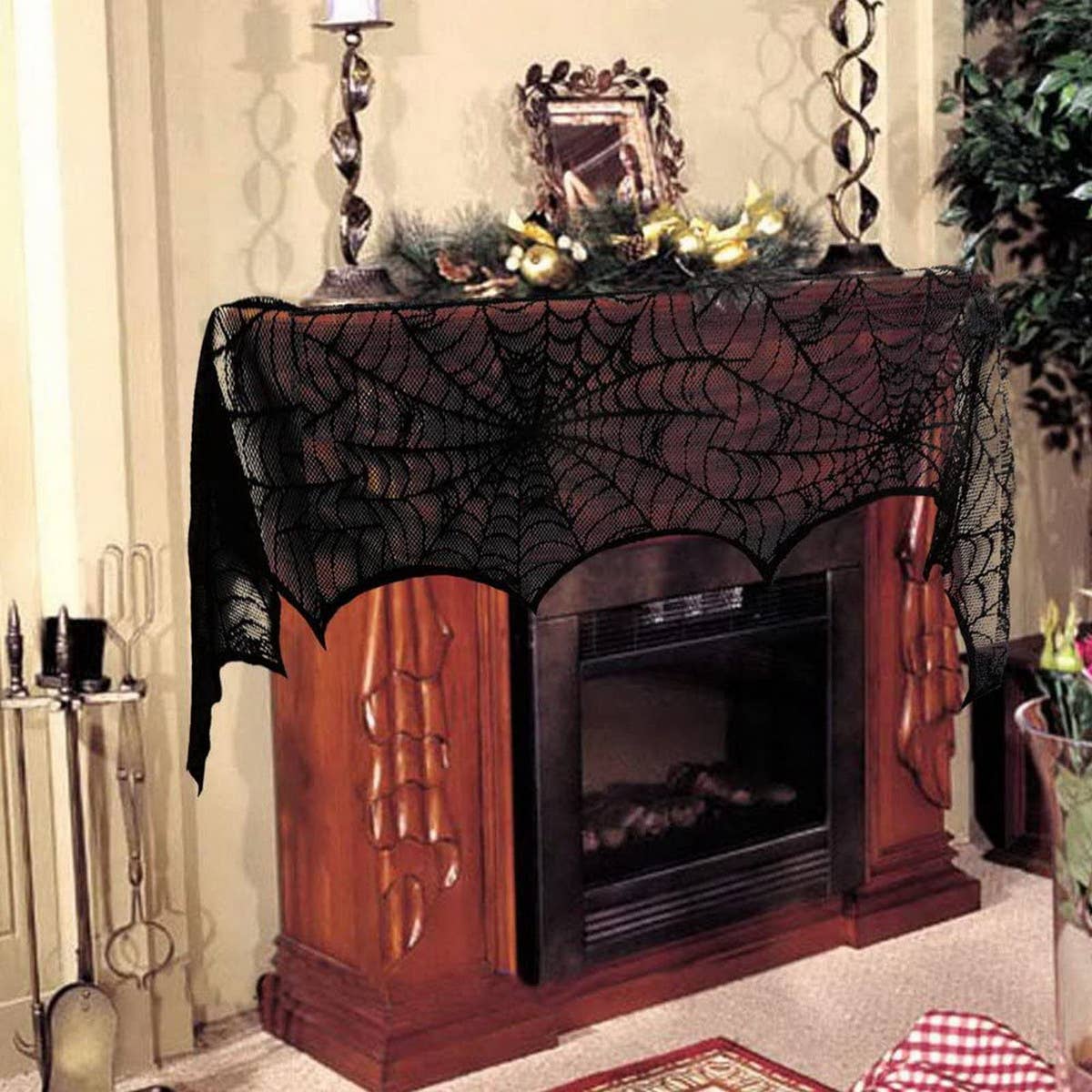 HALLOWEEN FIREPLACE LACE SKULL TABLE RUNNER