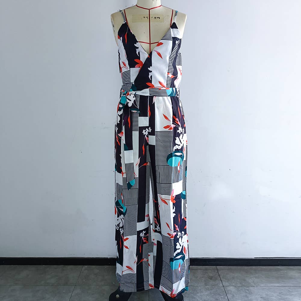 PRINTED HALTER BACK DEEP V-NECK STRAPPY JUMPSUIT