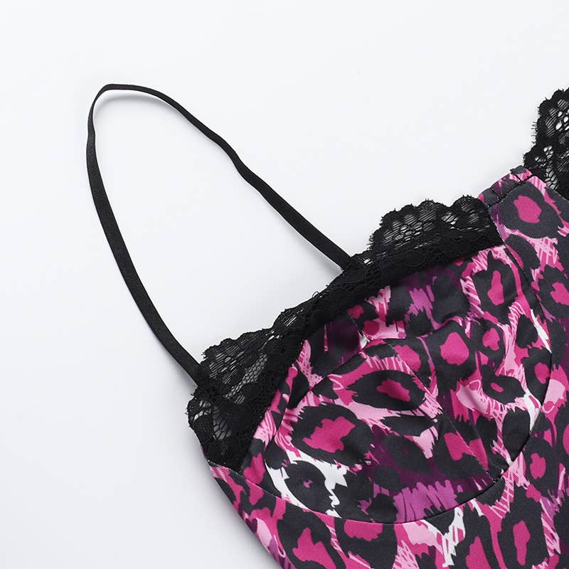 Lace-trimmed slit leopard print halter dress