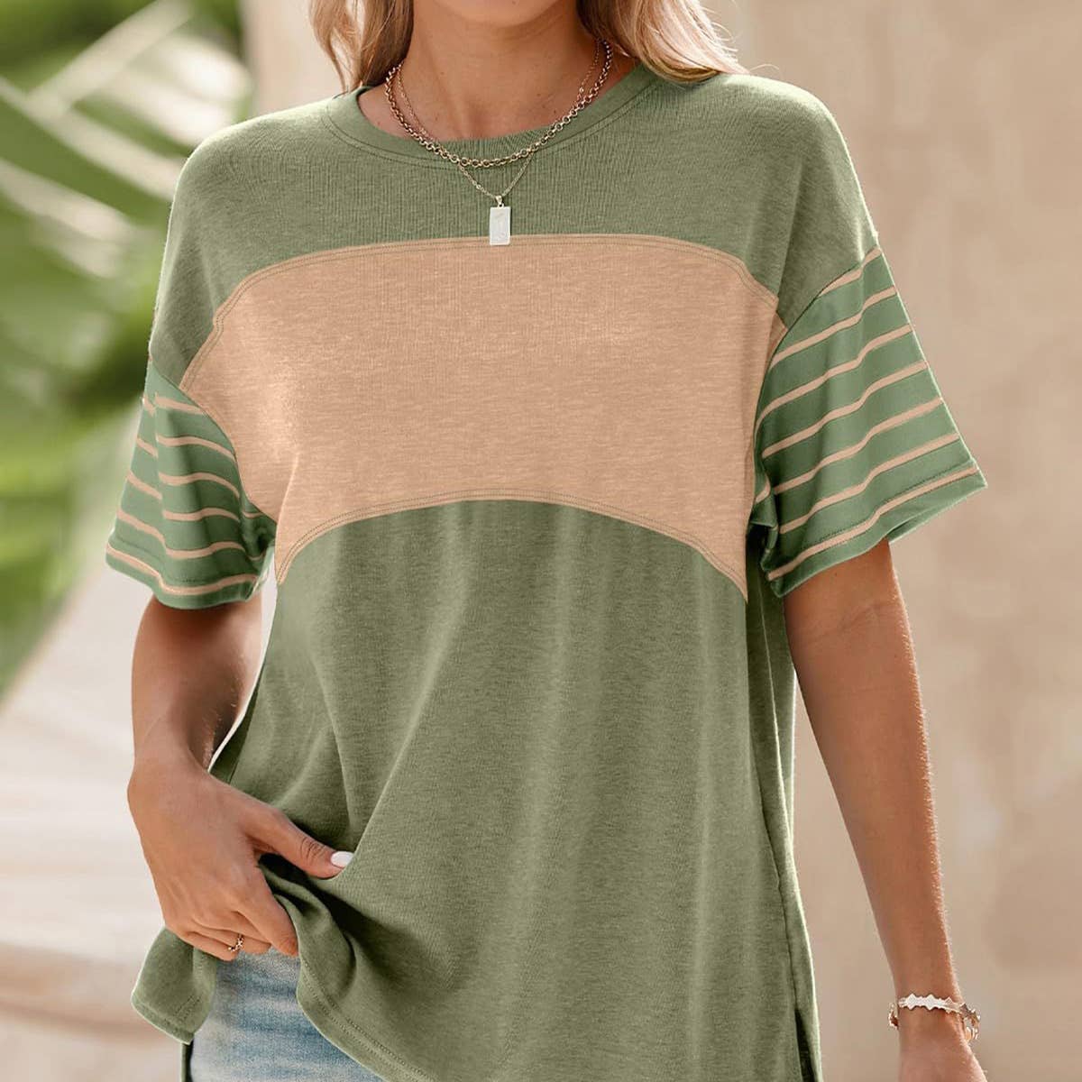 Women¡¯s colorblock striped crew neck tee
