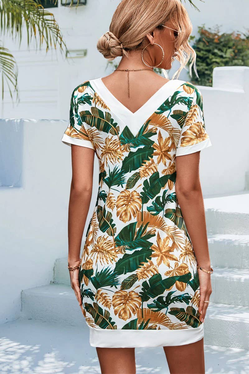 V NECK PATCHWORK PRINT DRESS_CWDSD2660