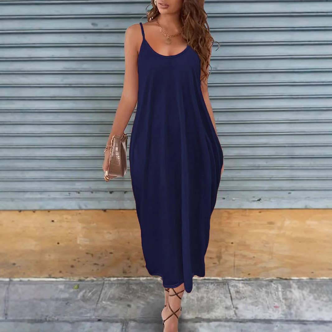 A loose long dress with solid color halter straps