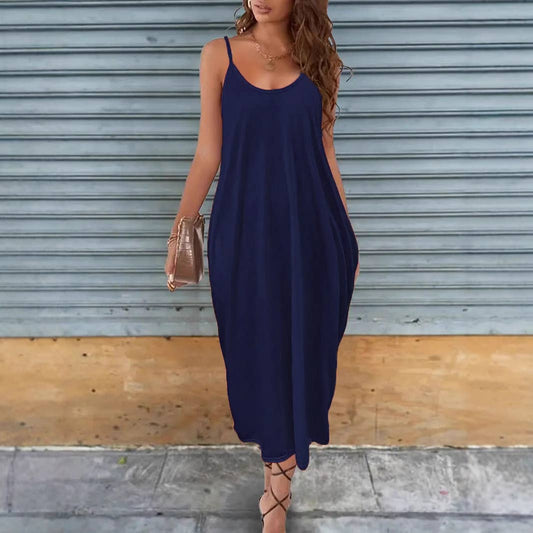 A loose long dress with solid color halter straps