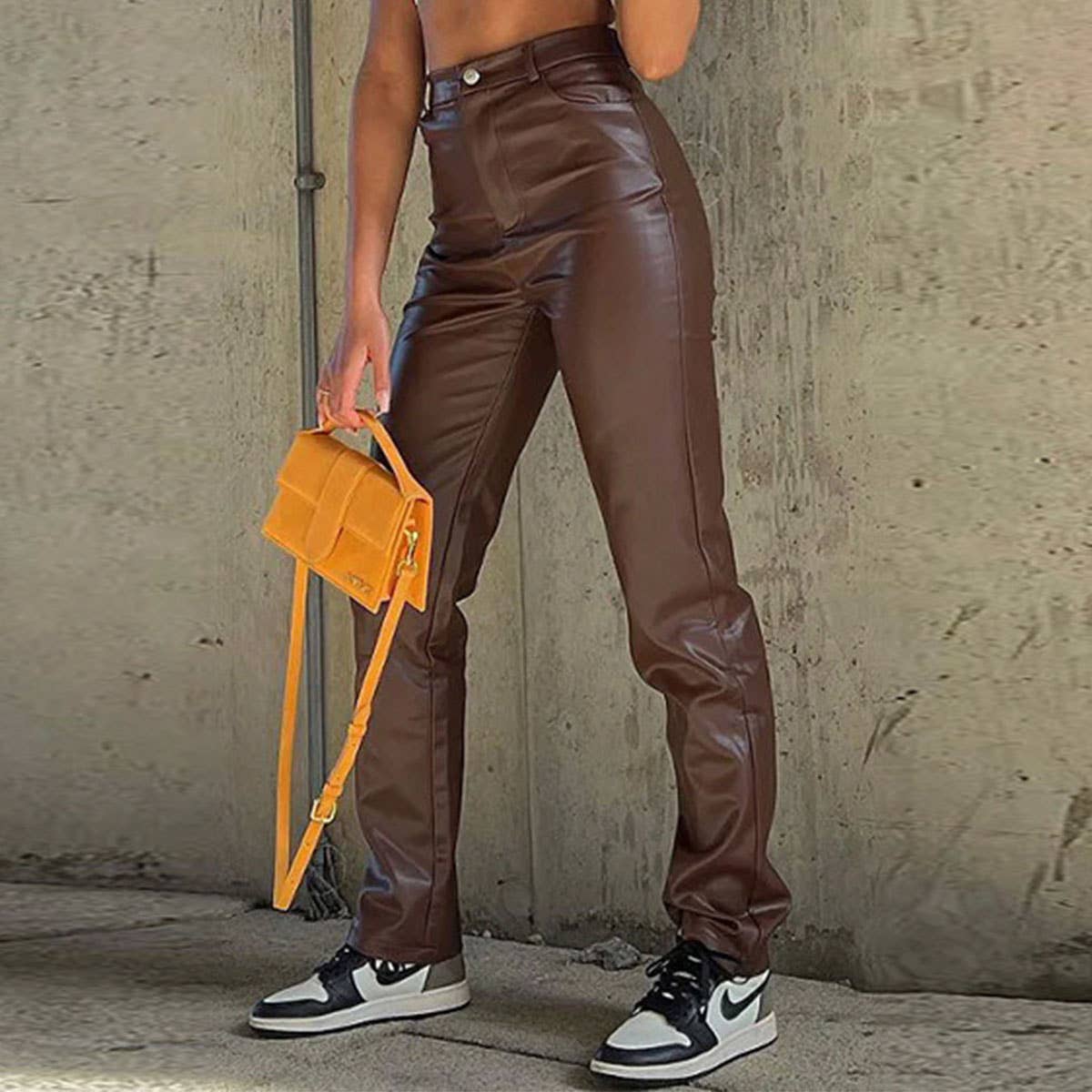 SOLID COLOR PU LEATHER TEXTURE SLIM SLACK PANTS