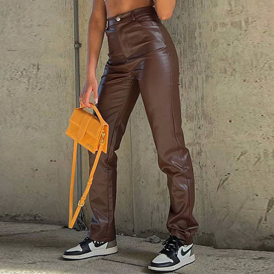 SOLID COLOR PU LEATHER TEXTURE SLIM SLACK PANTS
